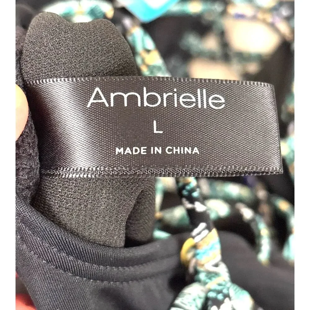 Ambrielle Womens L Black Multi Plunge Lattice One Piece Swimsuit NWT